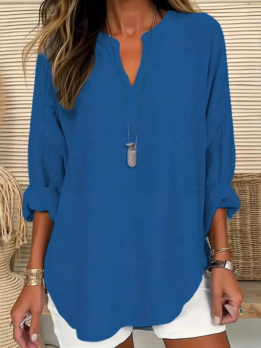 Notched Long Sleeve Casual Blouse - Tigbul's Variety Fashion Shop
