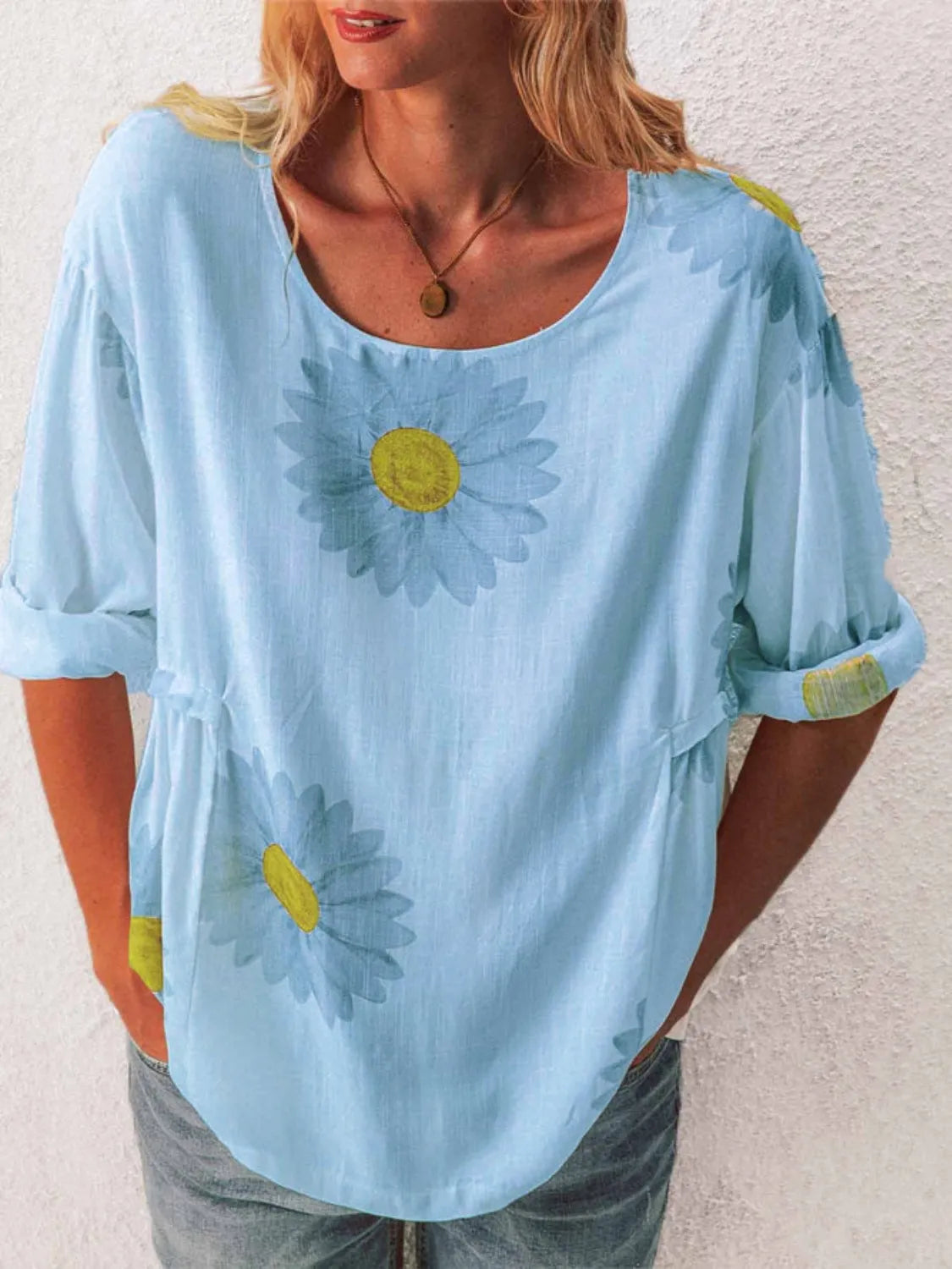 Full Size Flower Round Neck Half Sleeve T-Shirt Plus Size - Tigbul's Variety Fashion Shop
