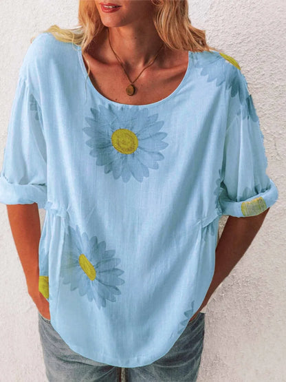 Full Size Flower Round Neck Half Sleeve T-Shirt Plus Size - Tigbul's Variety Fashion Shop