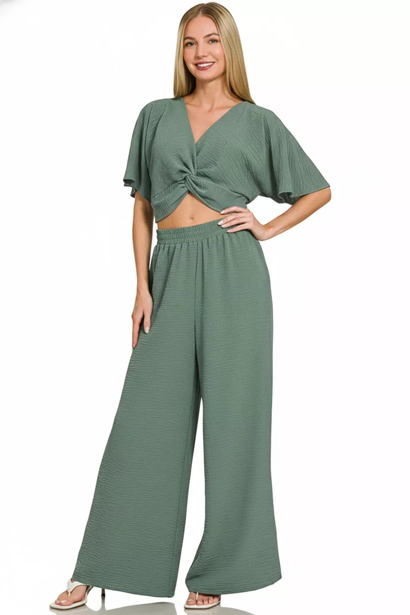 Woven Airflow Green Twisted Top & Wide Leg Pants Set - Tigbul's Variety Fashion Shop