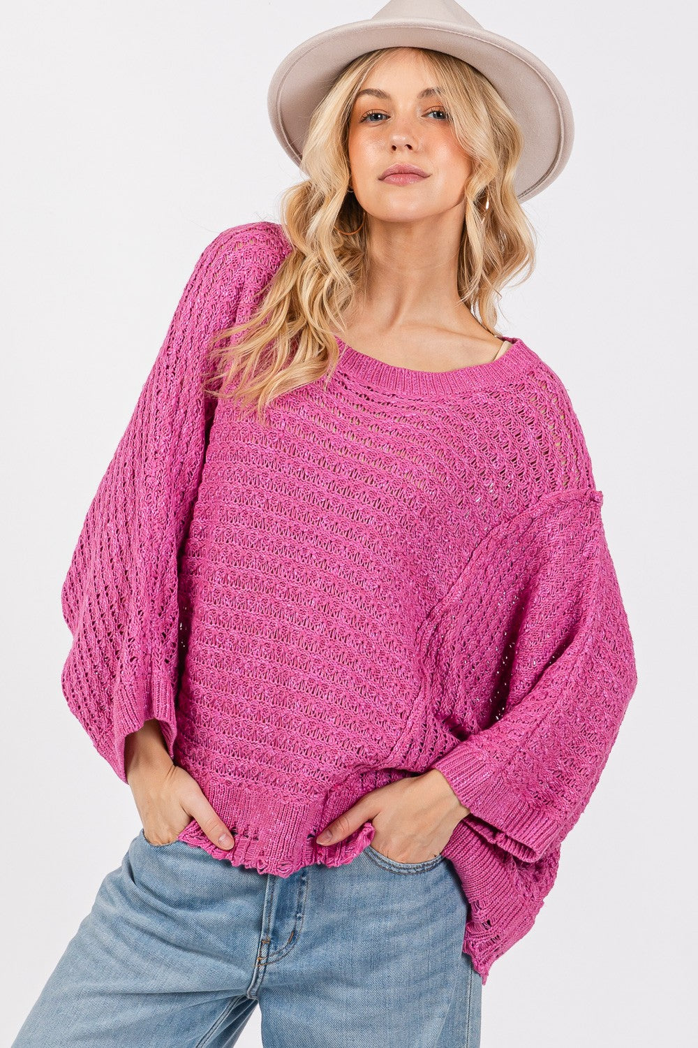 SAGE + FIG Distressed Asymmetrical Open Stitch Sweater - Tigbul's Variety Fashion Shop