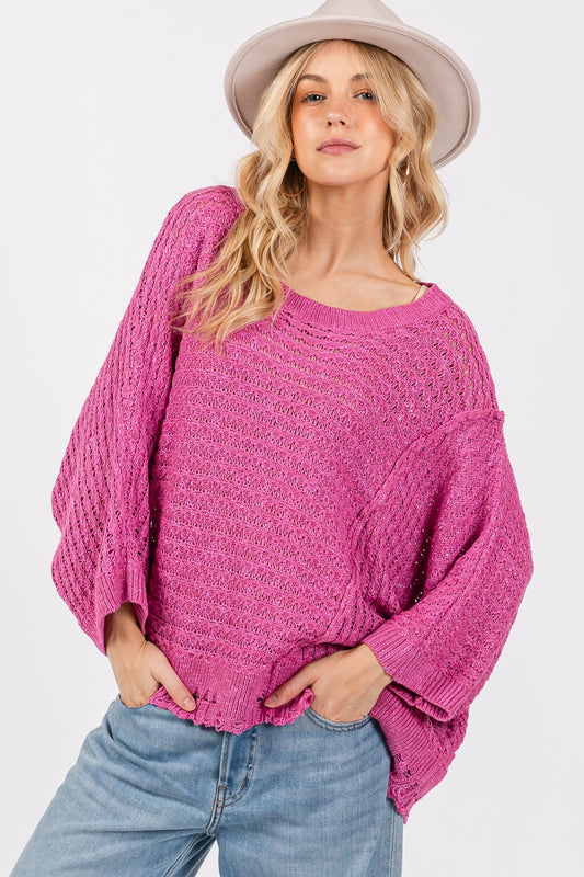 SAGE + FIG Distressed Asymmetrical Open Stitch Sweater - Tigbul's Variety Fashion Shop