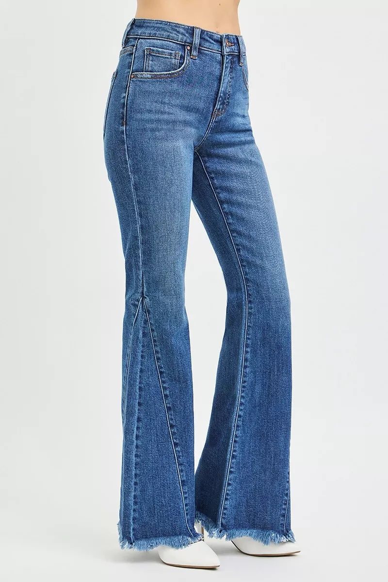 Side view flare jeans with front pocket and raw frayed hem, dark wash