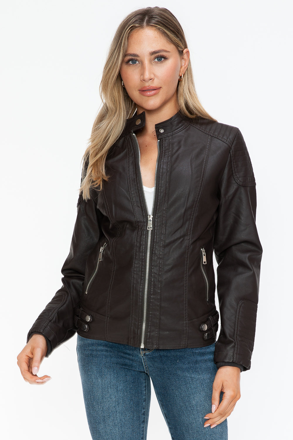 Chocolate Faux Leather Biker Jacket with Side Zip Pockets