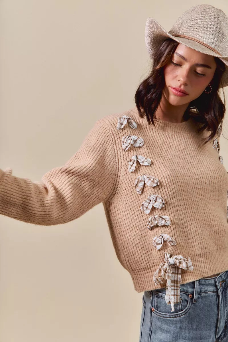 SO ME Checkered Plaid Tape Lace Up Ribbed Sweater - Tigbul's Variety Fashion Shop