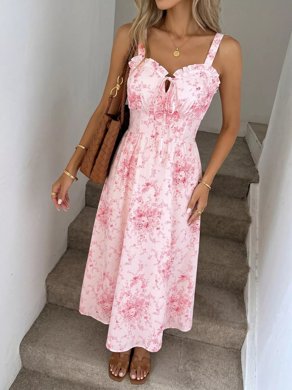 Pink floral print frill-trim cami dress, gathered bust with tie detail