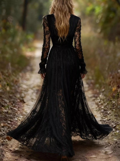 Lace Long Sleeve Maxi Dress - Tigbul's Variety Fashion Shop