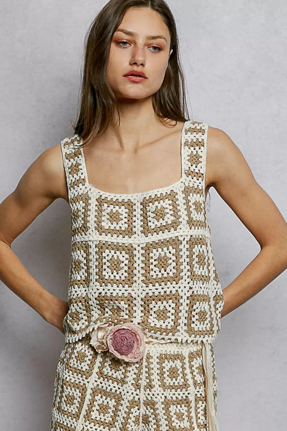 POL Openwork Square Neck Cropped Crochet Tank with Granny Square Weave - Tigbul's Variety Fashion Shop