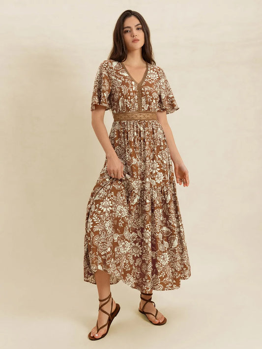 Brown Lace Detail Printed Short Sleeve Midi Dress - Tigbul's Variety Fashion Shop