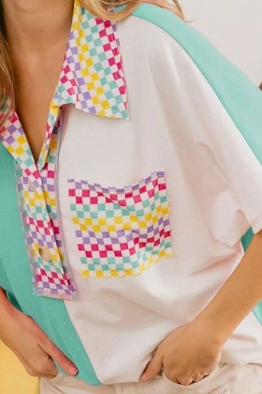 Color Block Knit with Multi Checker Contrast Top - Tigbul's Variety Fashion Shop