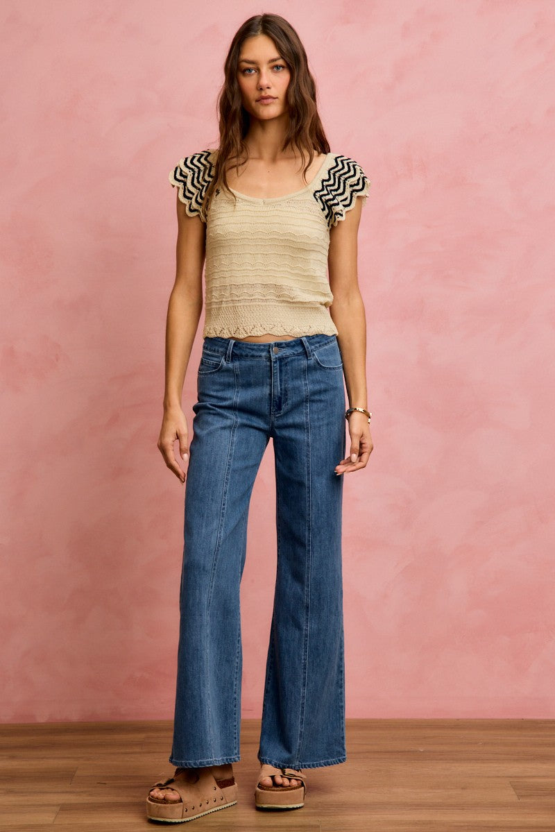 Wavy Textured Knit Top With Fluttered Sleeves - Tigbul's Variety Fashion Shop