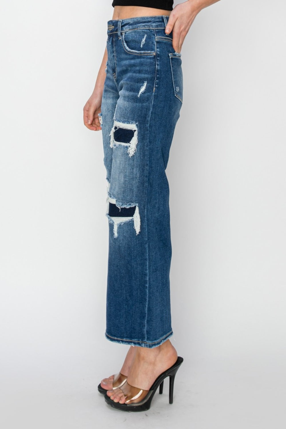 Risen Full Size High Rise Patch Detailed Wide Leg Crop Jeans - Tigbul's Variety Fashion Shop