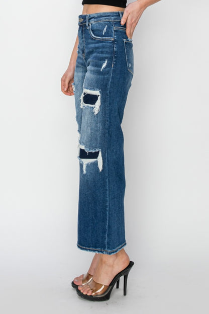 Risen Full Size High Rise Patch Detailed Wide Leg Crop Jeans - Tigbul's Variety Fashion Shop