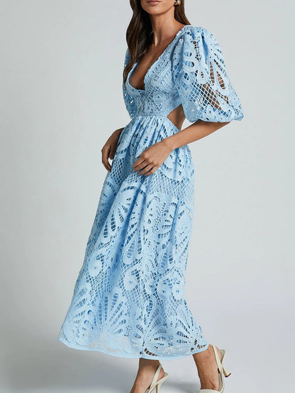 Cutout Back Lace Crochet V-Neck Dress - Tigbul's Variety Fashion Shop
