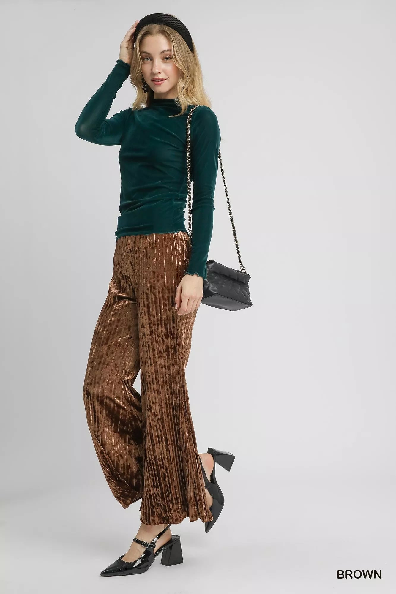 Umgee Velvet Pleated Wide Leg Pants - Tigbul's Variety Fashion Shop