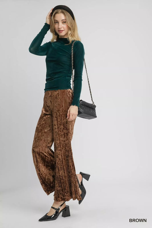 Umgee Velvet Pleated Wide Leg Pants - Tigbul's Variety Fashion Shop