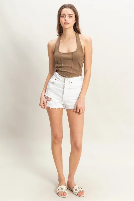 Mineral Wash Halter Neck Everyday Top - Tigbul's Variety Fashion Shop