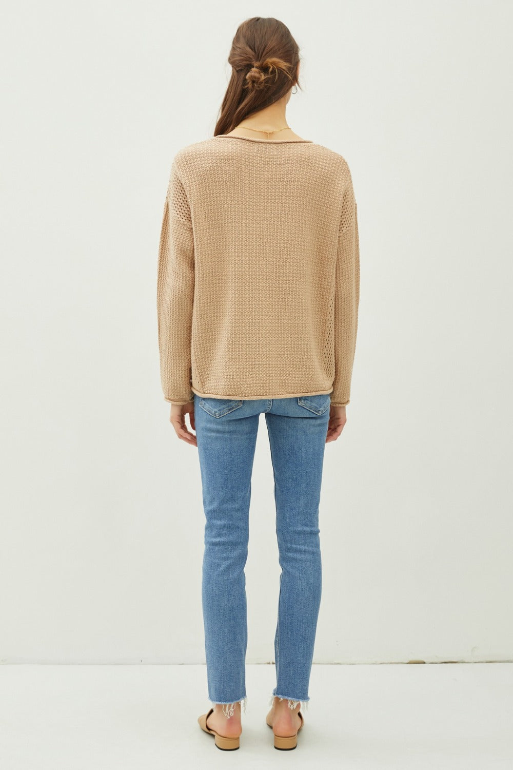 Be Cool Rolled Openwork Round Neck Sweater - Tigbul's Variety Fashion Shop