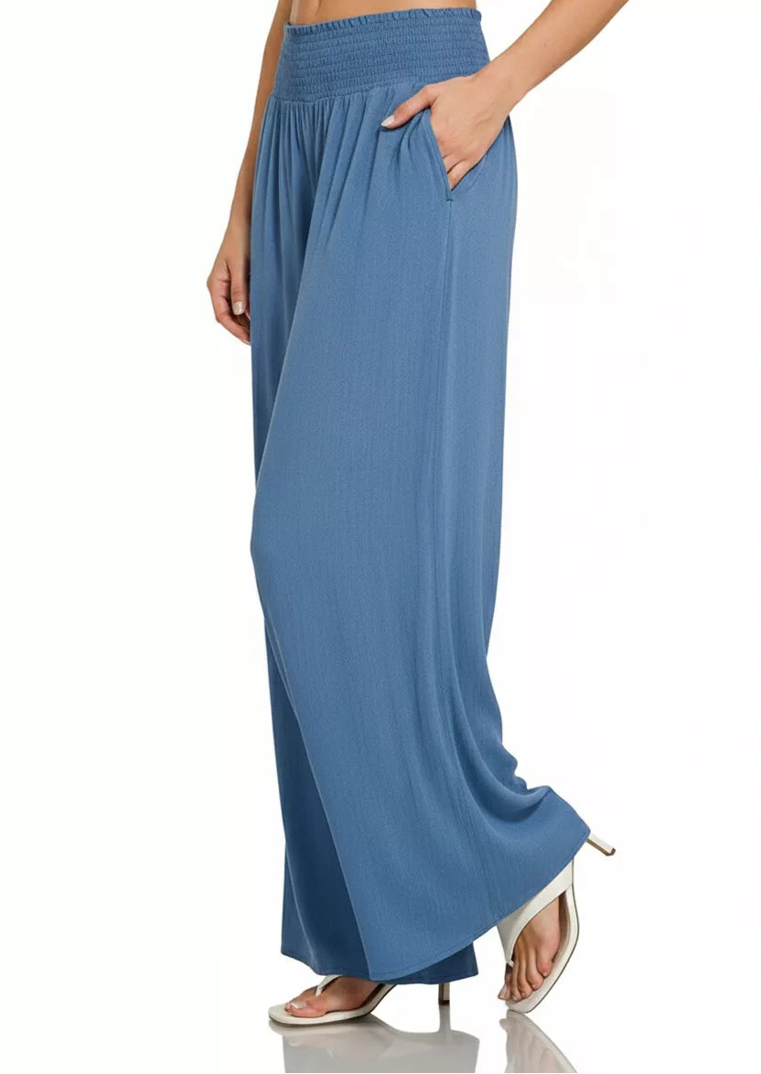 Smocked Waistband Wide Leg Blue Lounge Pants - Tigbul's Variety Fashion Shop