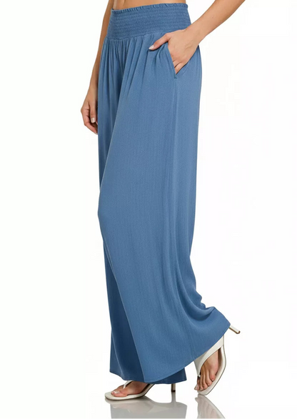 Smocked Waistband Wide Leg Blue Lounge Pants - Tigbul's Variety Fashion Shop