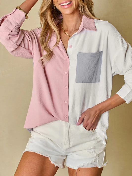 Color Block Oversized Button-Up Shirt with Chest Pocket - Tigbul's Variety Fashion Shop