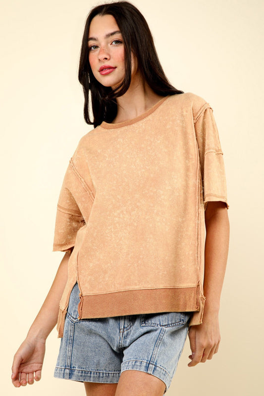 VERY J Round Neck Exposed Seam Slit T-Shirt - Tigbul's Variety Fashion Shop