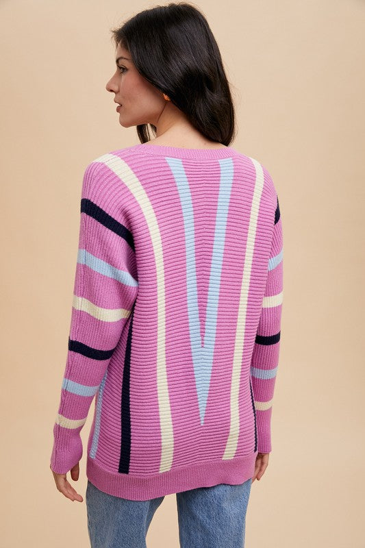 Annie Wear Chevron Stripe Round Neck Ribbed Sweater - Tigbul's Variety Fashion Shop