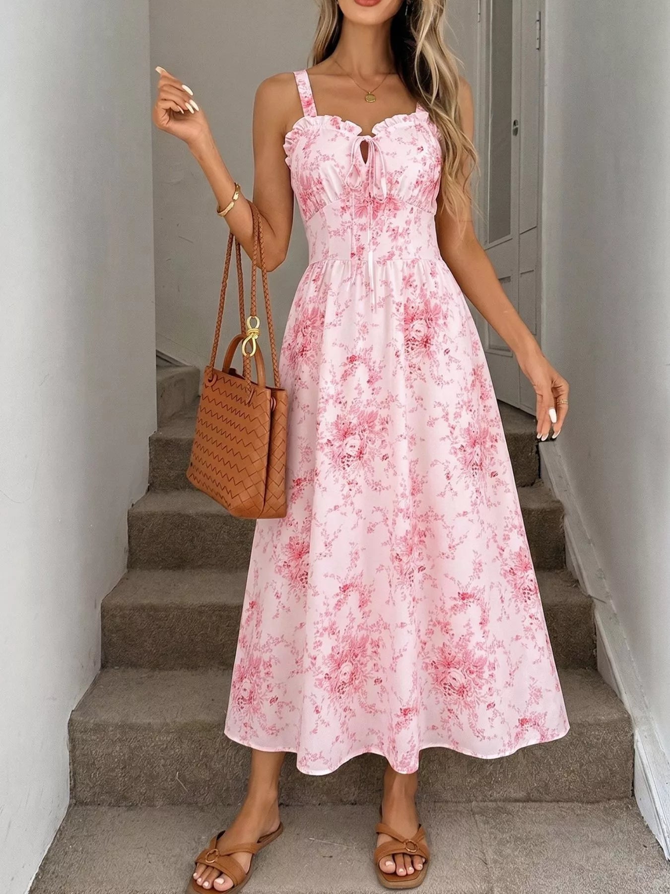 Pink floral print midi cami dress with gathered frill bust and full skirt