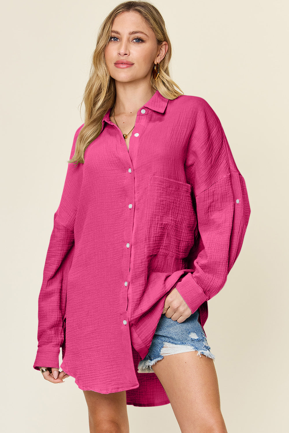 Double Take Full Size Pocketed Texture Button Up Shirt - Tigbul's Variety Fashion Shop