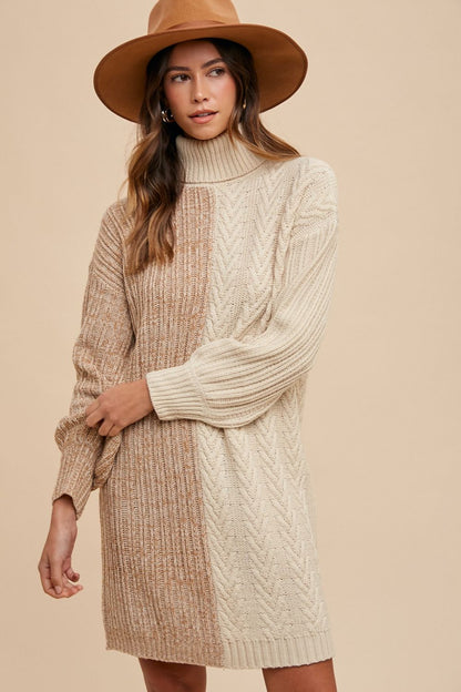 Taupe Color Block Turtleneck Sweater Dress - Tigbul's Variety Fashion Shop