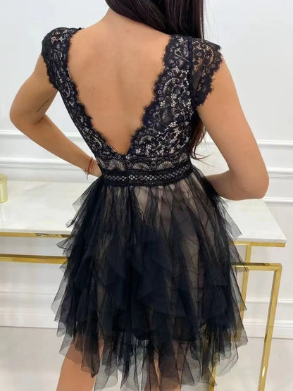 Lace V-Neck Ruffle Dress - Tigbul's Variety Fashion Shop