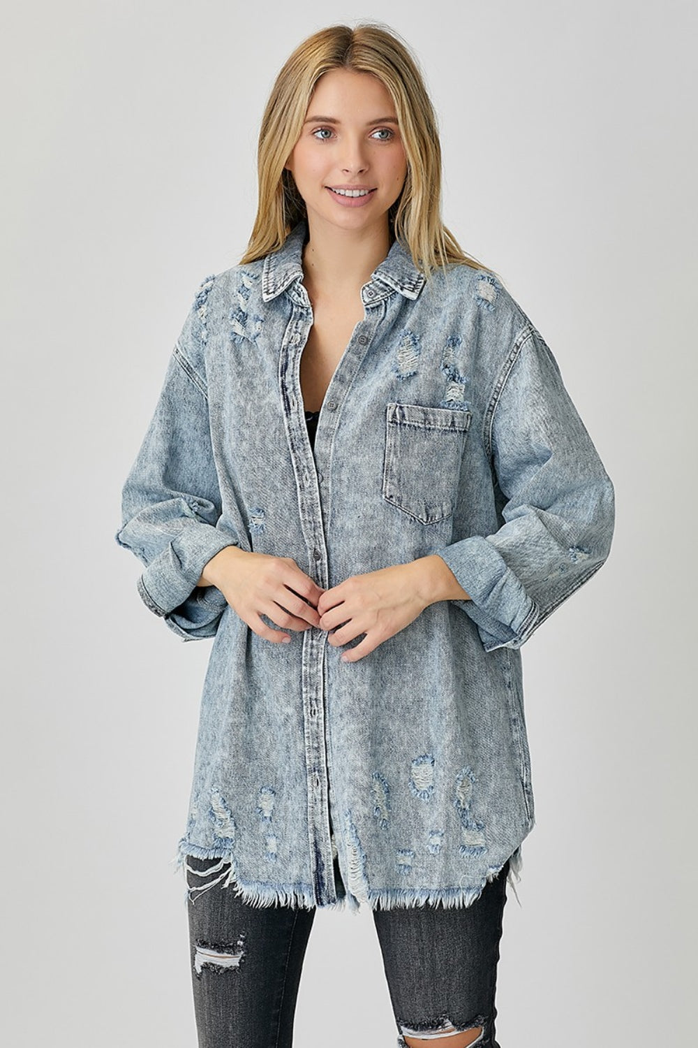 RISEN Distressed Raw Hem Denim Shirt - Tigbul's Variety Fashion Shop