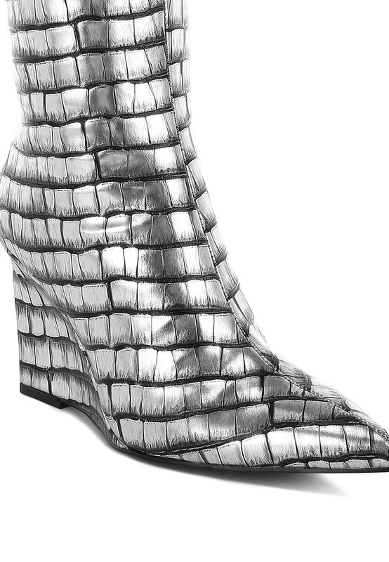 Bass Head Croco Metallic Wedge Heel Long Boots - Tigbul's Variety Fashion Shop