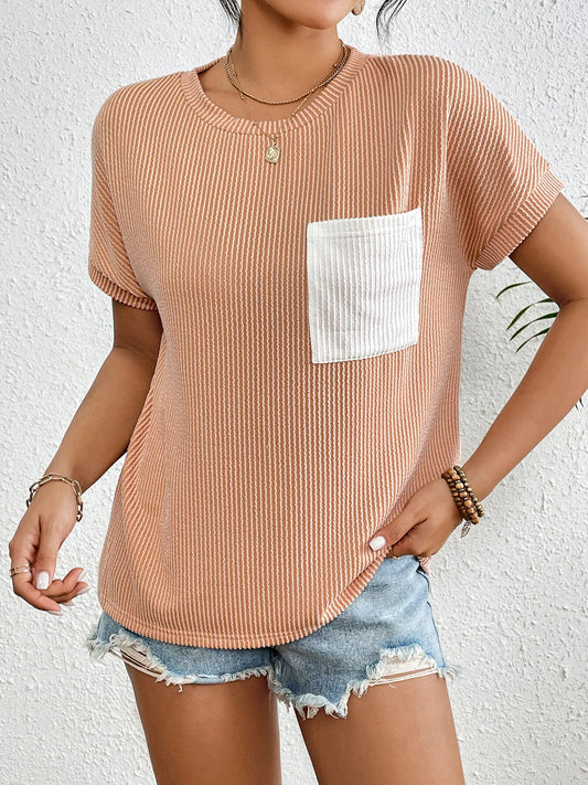Ribbed Contrast Pocket T-Shirt - Tigbul's Variety Fashion Shop