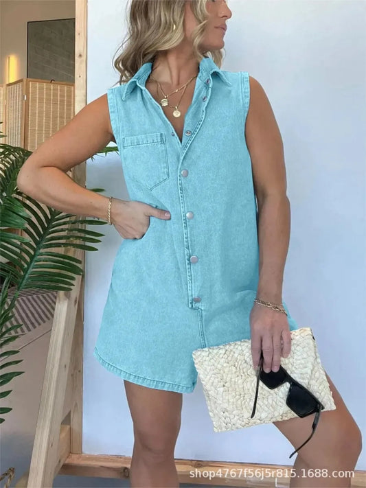 Button Front Sleeveless Denim Romper - Tigbul's Variety Fashion Shop
