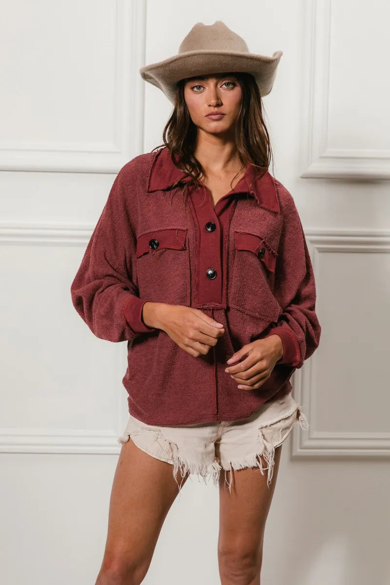 BiBi Cp French Terry Cut Edge Detail Collared Top - Tigbul's Variety Fashion Shop