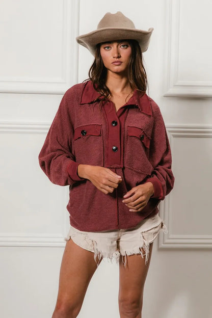 BiBi Cp French Terry Cut Edge Detail Collared Top - Tigbul's Variety Fashion Shop