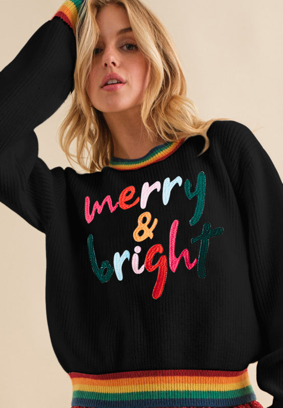 MERRY & BRIGHT Ribbed Round Neck Sweater - Tigbul's Variety Fashion Shop