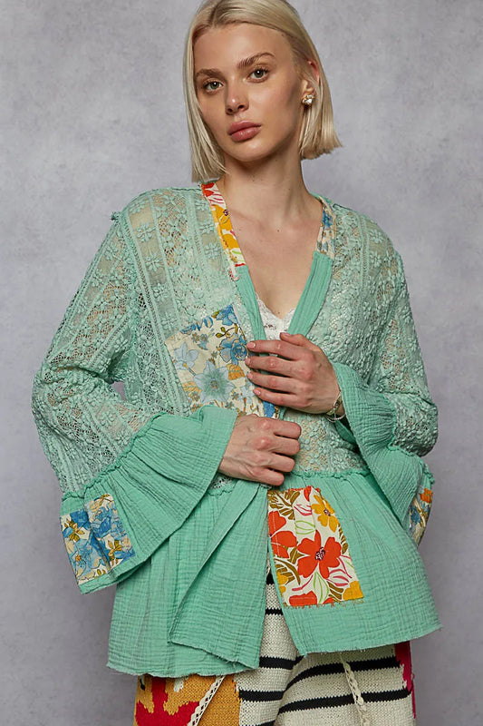 POL Lace Ruffled Hem Open Front Cardigan - Tigbul's Variety Fashion Shop