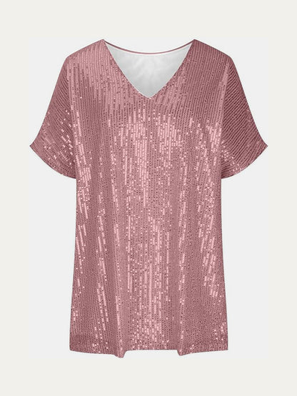 Sequin V-Neck Short Sleeve Top Blouse, Small to 3XL - Tigbul's Variety Fashion Shop