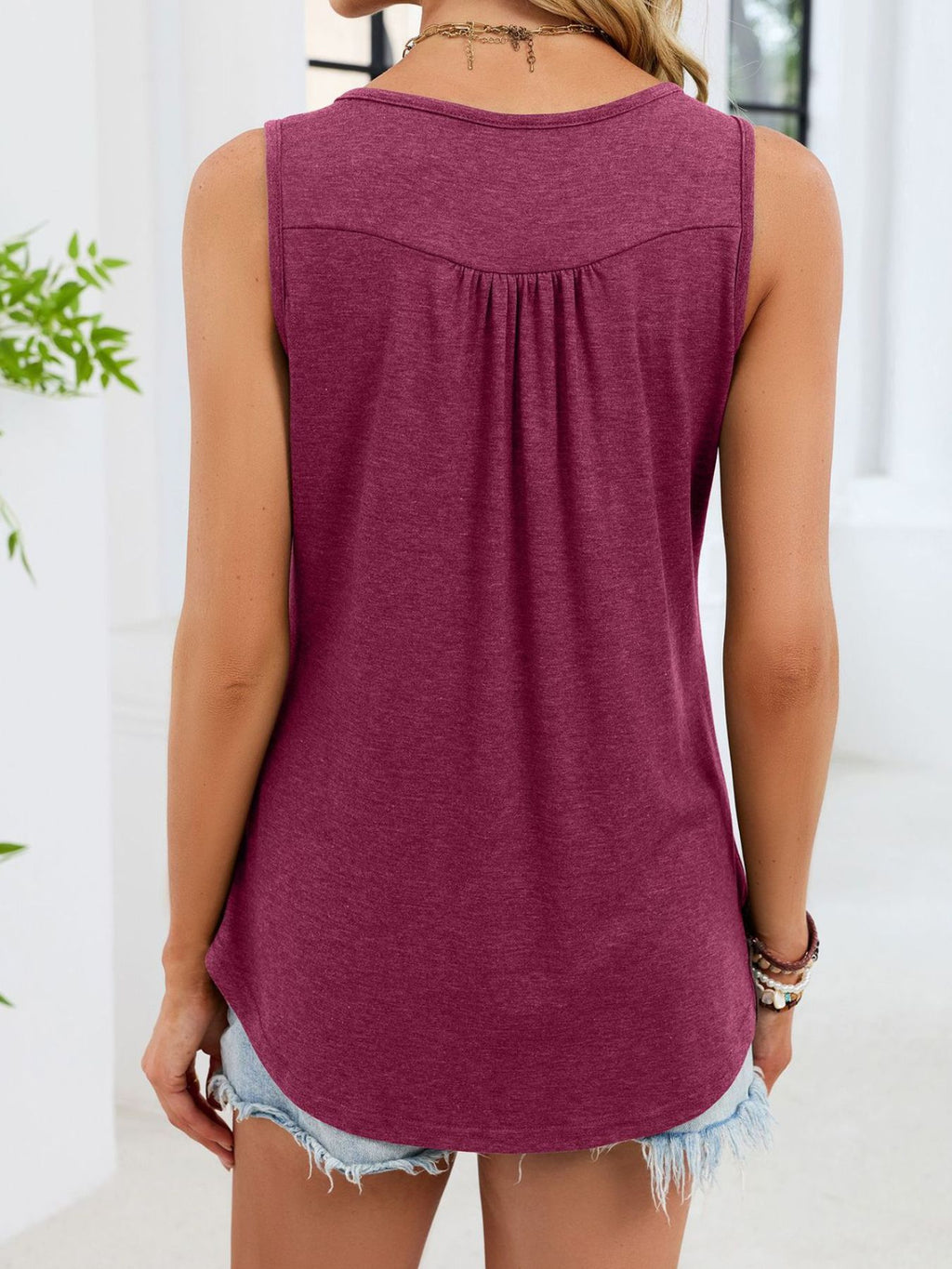 Back view: wine red round neck button detail tank with pleated yoke