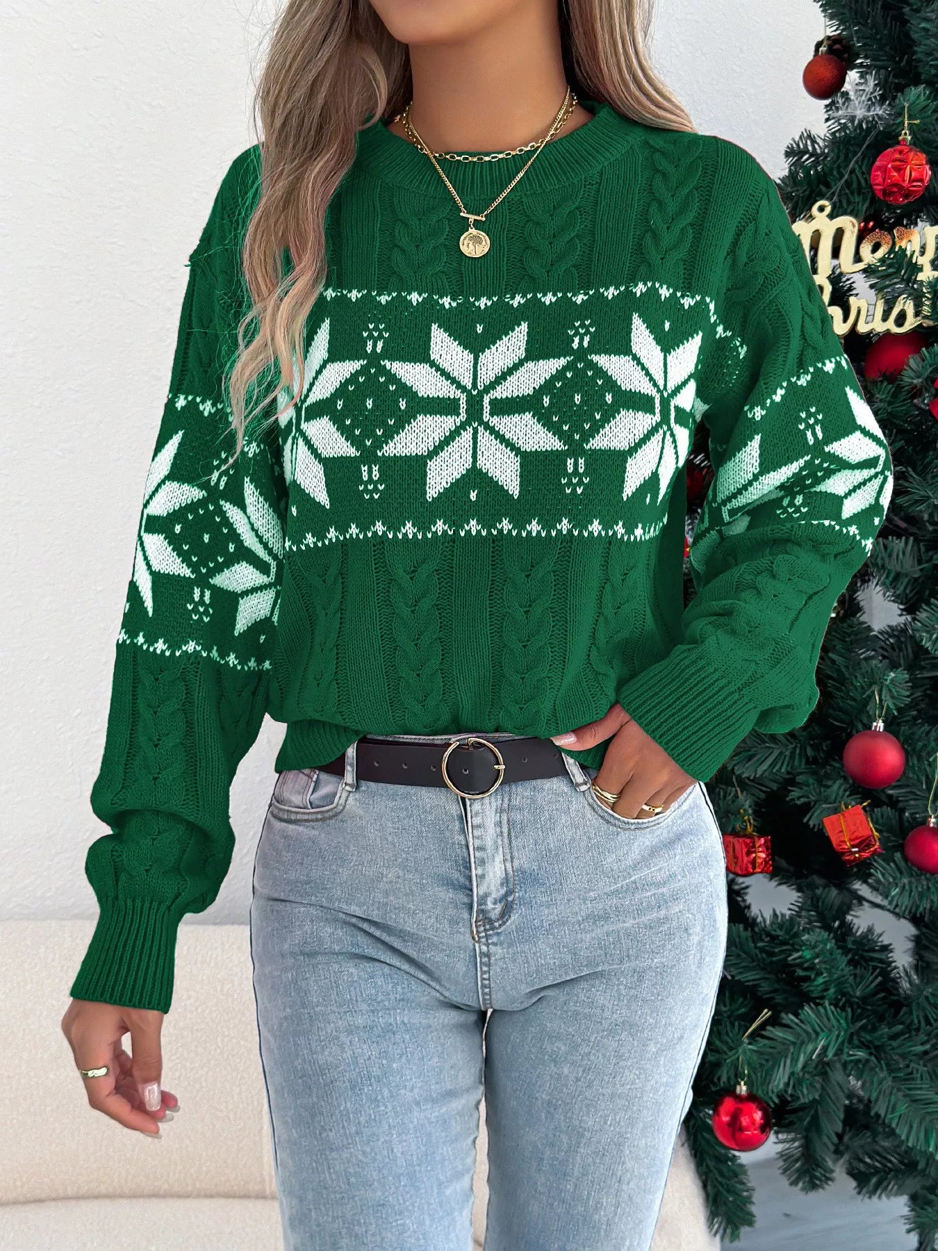 Christmas Snowflake Cable Knit Sweater - Tigbul's Variety Fashion Shop