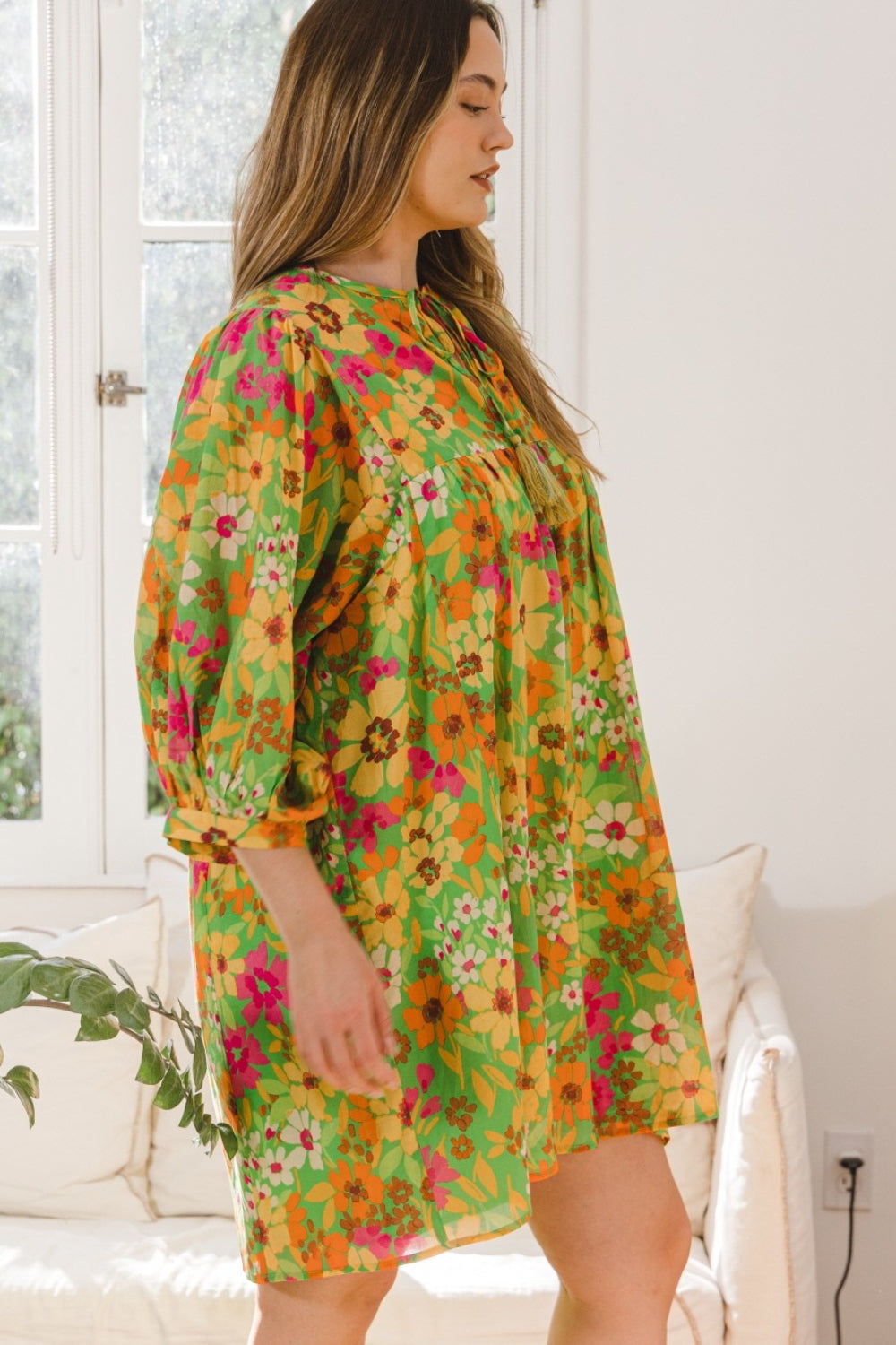 ODDI Full Size Floral Tied Neck Mini Dress - Tigbuls Variety Fashion