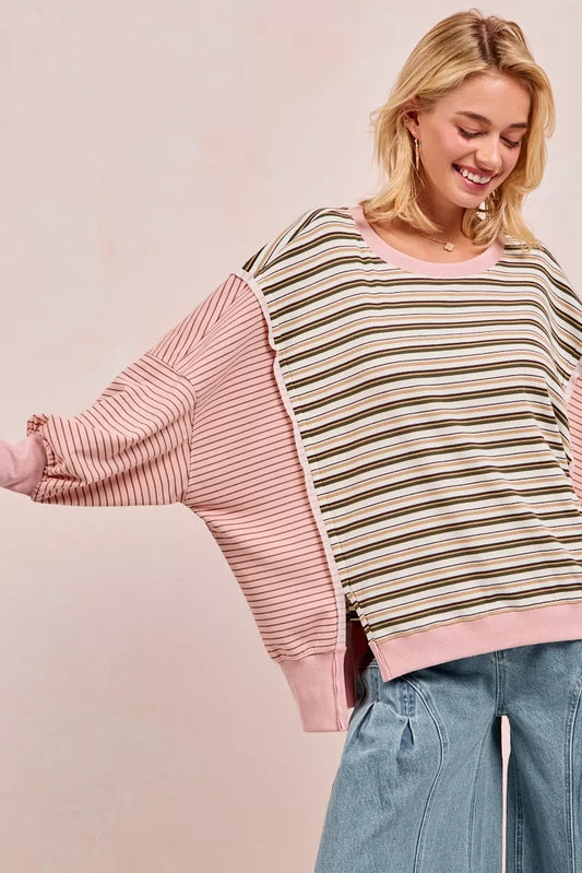 BiBi Stripe Mixed Top With Cut Edge And Reverse Outseam - Tigbul's Variety Fashion Shop