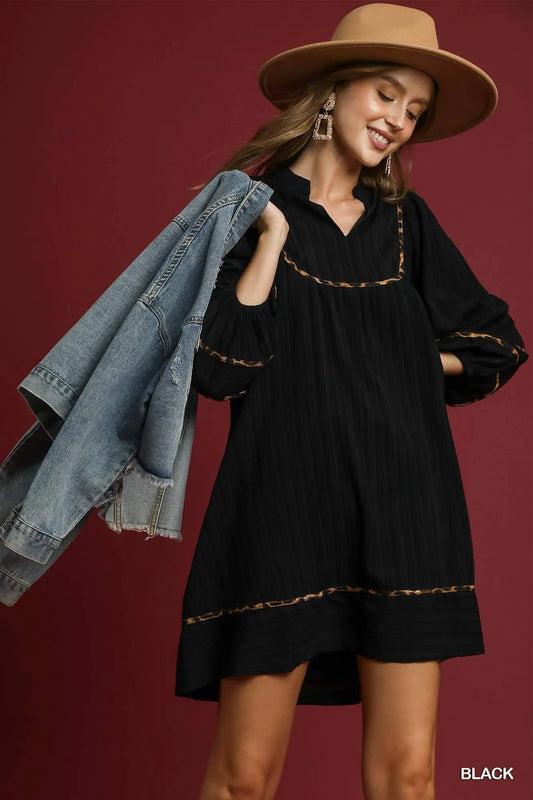Umgee Full Size Textured Babydoll Dress with Leopard Trim Plus Size - Tigbul's Variety Fashion Shop