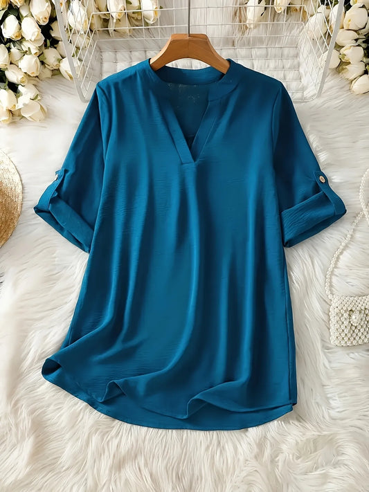 Notched Roll-Tab Sleeves Blouse - Tigbul's Variety Fashion Shop