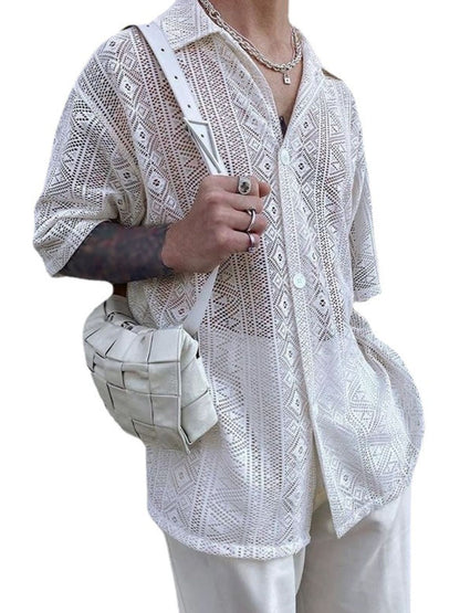 Men's Full Size Lace Half Sleeve Button Down Shirt Plus Size - Tigbul's Variety Fashion Shop