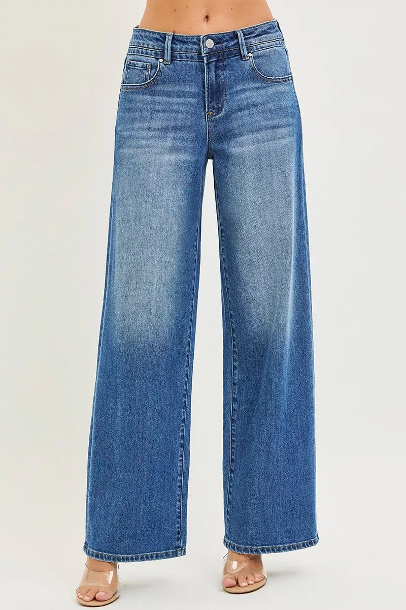 Medium wash blue wide-leg jeans, button-and-zip front, belt loops, side pockets