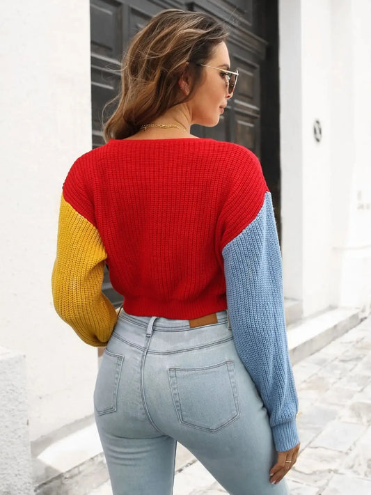 Color Block Cropped Button Front Cardigan - Tigbul's Variety Fashion Shop