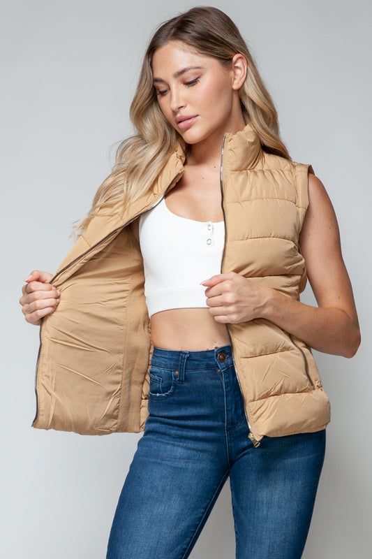 Tan Zip Up Turtleneck Vest with Pockets - Tigbul's Variety Fashion Shop
